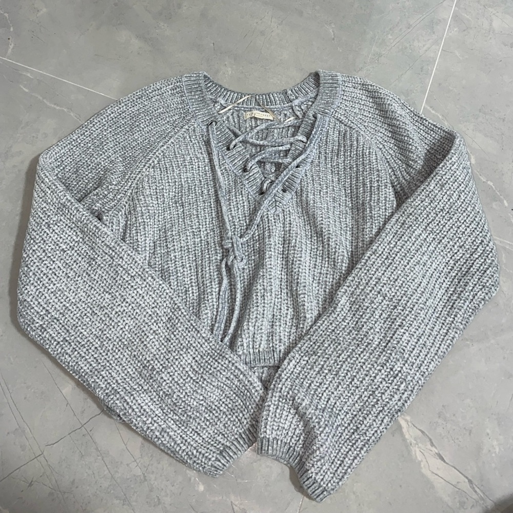 LA Hearts Lace Up Chenille Sweater- light blue